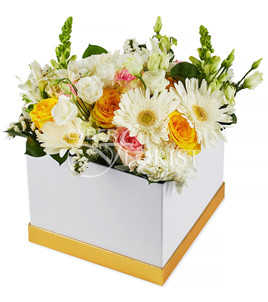 chrysamthemums and roses in a box